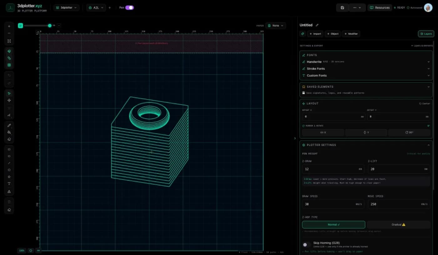 3DPlotter app plotter settings panel showing Z-Draw set to 12mm and Z-Lift set to 20mm for Bambu Lab A2L pen plotting