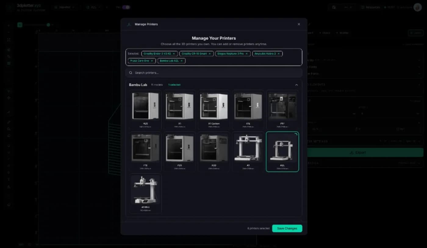 3DPlotter Manage Your Printers dialog with Bambu Lab A2L selected