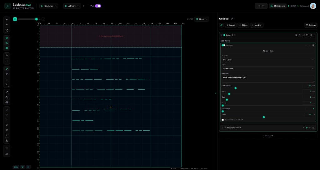 3DPlotter Studio with Morse code dashes on horizontal lines and the message hello 3dplotters thank you in the Dashes modifier