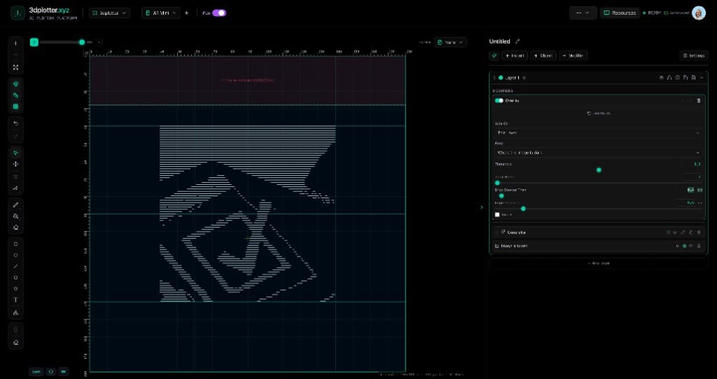 3DPlotter Studio with horizontal line pattern masked by Overlay into a checkmark stencil from a pixel sketch