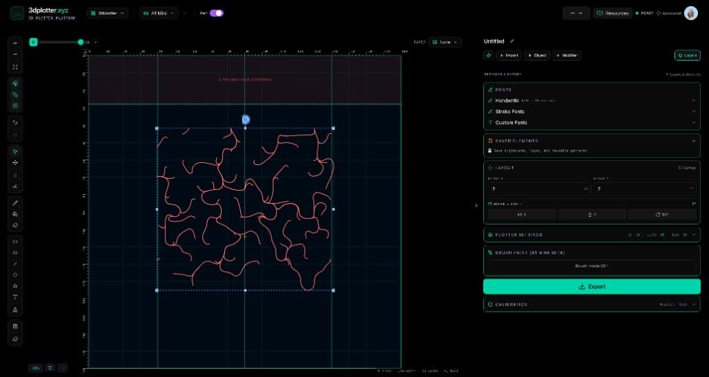 3DPlotter Studio with Current streamlines filtered into branching red linework inside a square frame