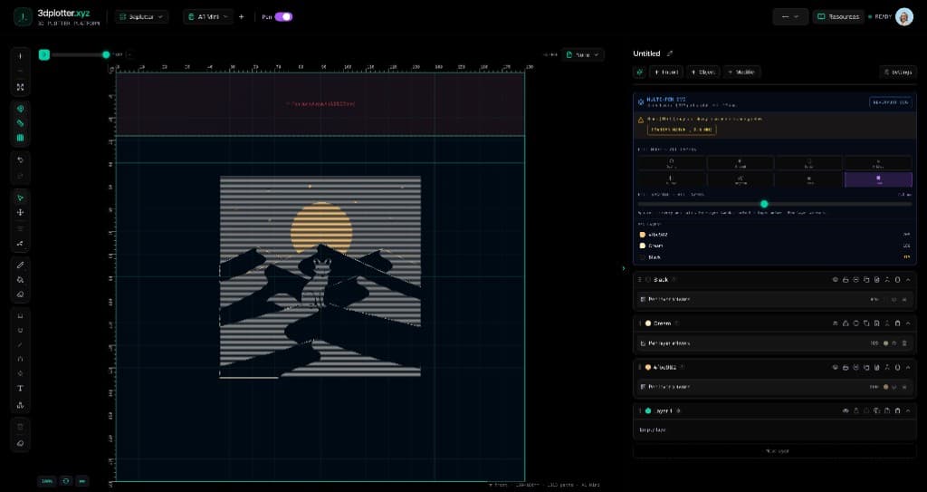 3DPlotter Studio with a multi-layer GenPlot desert fox SVG in black and yellow on the canvas, Solid fill selected in the import dialog
