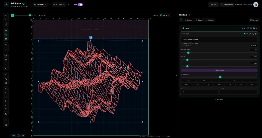 3DPlotter Studio Generators panel with a red 3D wireframe surface preset on the canvas