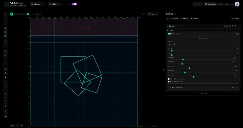 3DPlotter Studio with overlapping squares from Linear Array — columns, rows, turn step, and scale step