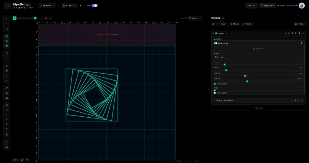 3DPlotter Studio with nested rotating squares from the Radial Array modifier on Layer 1