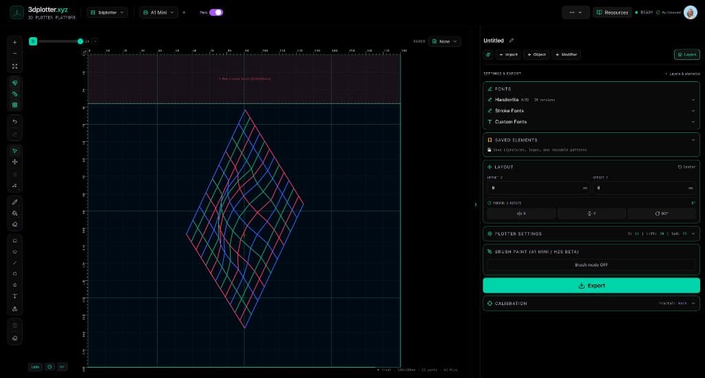 3DPlotter Studio with a surface wireframe split into blue, red, and green paths by the Pen Palette modifier