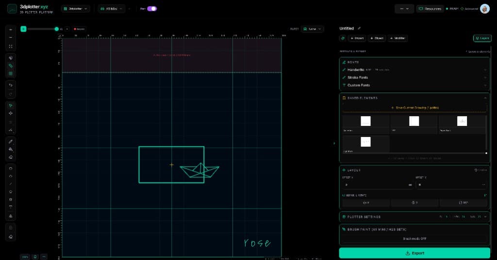 3DPlotter Studio Saved Elements accordion with thumbnail library, rectangle and paper boat on the canvas