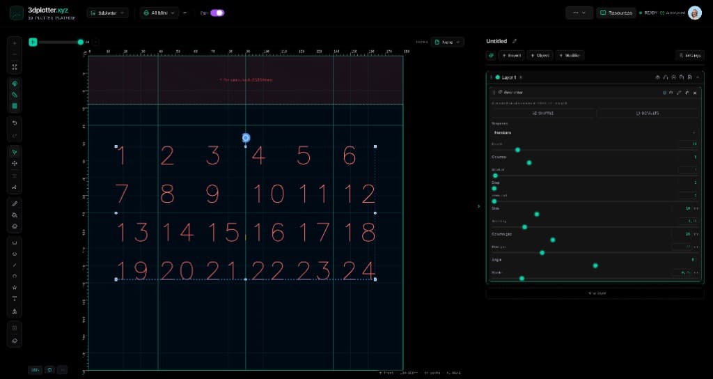 3DPlotter Studio with Tally sequence numbers 1 through 24 in a six-column grid on the canvas