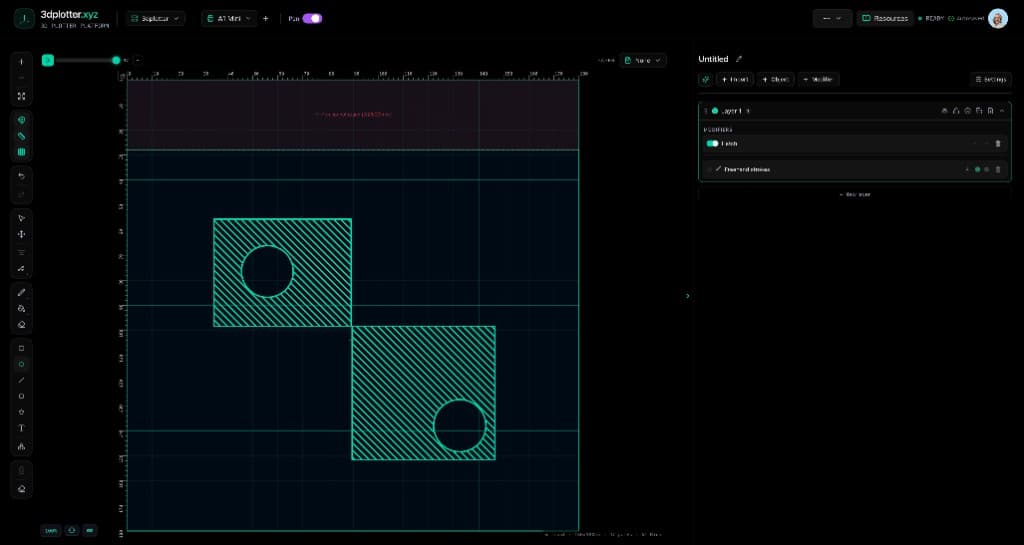 3DPlotter Studio with two squares and circular holes on one layer, diagonal hatch from the Infill Hatch modifier