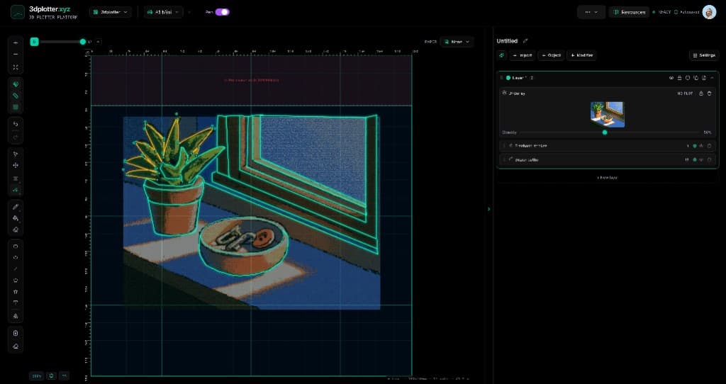 3DPlotter Studio with a locked pixelated sketch underlay and teal vector tracing over a succulent still life